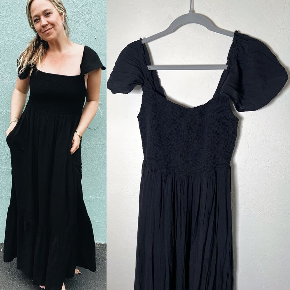 Carly Jean Natalia Smocked Flutter Sleeve Maxi Dress Black Size Small